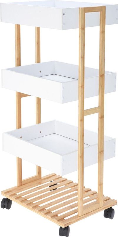HS Collection Keukentrolley - 32 x 32 x 82 cm - wit - bamboe hout - badkamer trolley