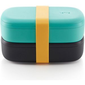 Lékué dubbele lunchbox uit kunststof met silicone band zwart en muntgroen 1L