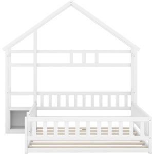 Huisbed 140x200cm Kinderbed (zonder matras) Wit Laadbak met leuningen en nachtkastjes