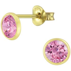 Joy|S - Zilveren oorknopjes 4 mm - roze zirkonia - 14k goudplating oorbellen