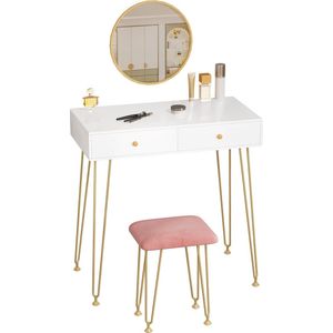 Rootz Elegante kaptafelset - Vanity Desk - Make-upstation - Afneembare ronde spiegel - Voldoende opbergruimte - Duurzame constructie - Wit en goud - 80 cm x 40 cm x 81 cm