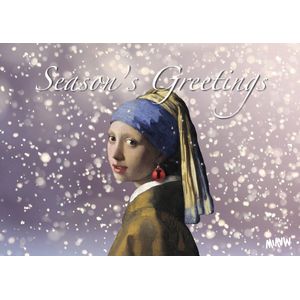 Engels kerstkaarten Meisje met de Parel Kerstbal - Season's Greetings - set van 8 dezelfde Vermeer ansichtkaarten