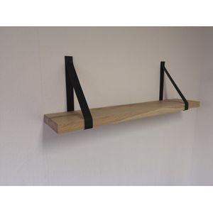 Wandplank eiken met zwarte leren riemen 90x19x3cm (incl. schroeven en pluggen)