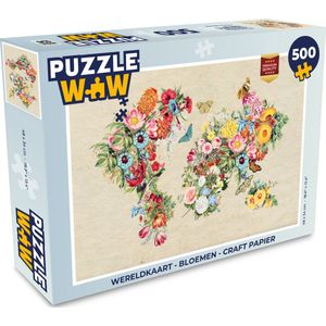 Puzzel Wereldkaart - Bloemen - Craft papier - Legpuzzel - Puzzel 500 stukjes