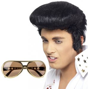 Rock and Roll ster Elvis verkleed set - herenpruik zwart met kuif - en bril goud montuur