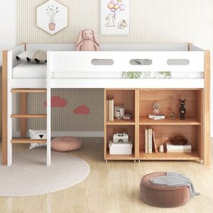 Sweiko Stapelbed met opbergruimte en beweegbare kast, stapelbed met drie niveaus rechthoekige trap, massief houten bedframe, met valbeveiliging, denne+MDF, naturel+white, 90x200 cm