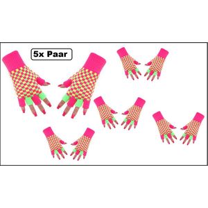 5x Paar luxe handschoen vingerloos neon roze/groen/geel geblokt - Feest festival thema feest party optocht themafeest