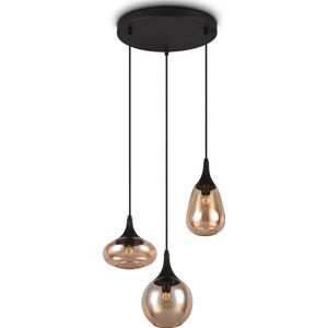 TRIO LUMINA - Hanglamp - Zwart mat - excl. 3x E14 10W - Aanpasbaar in hoogte - Amber glas