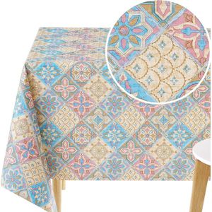 Premium Tafelkleed Afveegbaar 300 x 140 cm - Portugees Azulejo Waterdicht Tafelzeil 10 Zitplaatsen - PVC Tafellaken Lissabon Tegels Patroon - Rechthoekig Vinyl Tafelkleed - Roze, Beige, Blauw