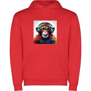 Rode unisex hoodie met “ Kleurrijke Chimpansee met Bril en Koptelefoon“ Print Full merk Roly maat 3XL