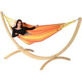 Hangmat met Standaard Eénpersoons 'Wood & Dream' Orange | Complete hangmatset | Bevestiging inclusief | 120 KG | 352 CM | Polycotton + Vurenhout (FSC® Mix) | 1% For The Planet | Tropilex