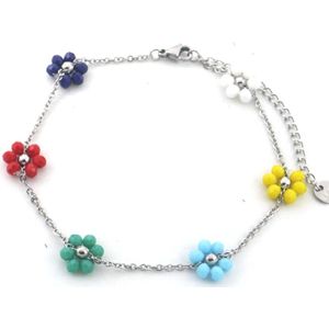 Enkelbandje - Gekleurde Bloemen - RVS - Anklet - Lengte 22-28 cm - Zilverkleurig