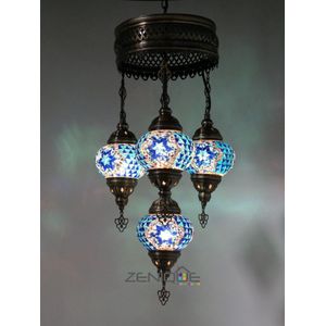 Turkse Lamp - Hanglamp - Mozaïek Lamp - Marokkaanse Lamp - Oosters Lamp - ZENIQUE - Authentiek - Handgemaakt - Kroonluchter - Blauw - 4 bollen