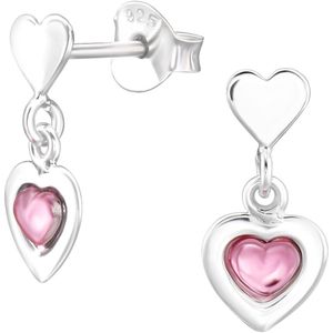 Joy|S - Zilveren hartje met hartje bedel oorbellen - 6.3 x 14 mm - roze zilver - kinderoorbellen