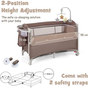 Opvouwbaar babybed met luiertafel, reisbed baby met speelboog en muziekbellen, mobiel kinderreisbed met opbergtas, voor baby 0-36 maanden, bruin