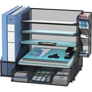 Mesh Bureau Organizer met Dossierhouder - 5-laags Papierbak Organizer met Lade - Bureau Organizer en Opbergvakken voor Kantoorbenodigdheden (Zwart met Pennenhouder)