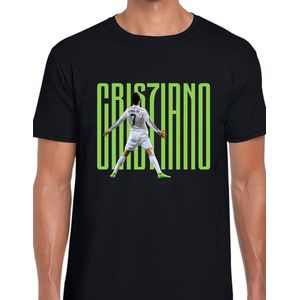 Ronaldo Uniseks T-Shirt - Zwart text groen - Maat M - Korte mouwen - Ronde hals - Normale pasvorm - Cristiano ronaldo - Voetbal - Voor mannen & vrouwen - Kado -veldman prints & packaging