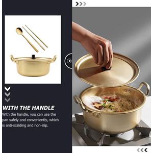 Ramen Pot - Aluminium Ramyun Pot Koreaanse Stijl met Deksel, Lepel en Staafje - Soep Pasta Stoofpot Goud 16 cm