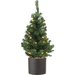 Volle mini kerstboom groen in jute zak met verlichting 60 cm - Inclusief donkergrijze plantenpot 12,5 x 13,5 cm - Kunstboompjes