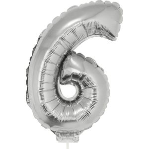 Zilveren opblaas cijfer ballon 6 op stokje 41 cm