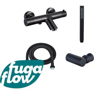 FugaFlow Eccelente Sobrado Badkamer Thermostatische badkraan met staafhanddouche, handdouchehouder en metalen doucheslang mat zwart