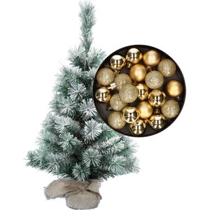 Besneeuwde mini kerstboom/kunst kerstboom 35 cm met kerstballen goud - Kerstversiering