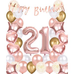 Snoes Ballonnen 21 Jaar Rose Gold White Dots - Compleet Feestpakket met cijfer ballon 21 Jaar - Verjaardag Versiering Slinger Happy Birthday – Folieballon – Latex Ballonnen - Helium Ballonnen - Rose Feestpakket