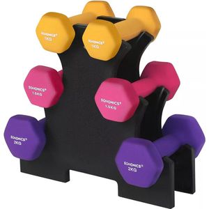 In And OutdoorMatch Halterset Earleen - met Rek - 2x1kg - 2x1,5kg - 2x2kg - Matte Afwerking - Krachttraining Thuis - Geel - Roze - Paars