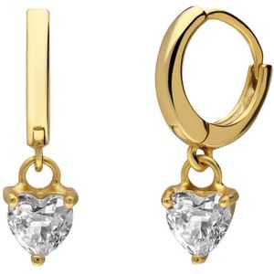 Lucardi Dames Zilveren goldplated oorringen met hanger hart zirkonia - Oorbellen - 925 Zilver - Goudkleurig