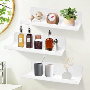 Set of 3 wall shelves, white, floating rack, no drilling, rack, wall kitchen, photo frame with cable clips, made of acrylic, wall shelves, shelf shelf, floating rack for kitchen, bathroom