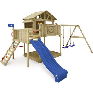WICKEY speeltoestel klimtoestel Smart Peak met schommel & blauwe glijbaan, outdoor kinderspeeltoestel met zandbak, ladder & speelaccessoires voor in de tuin