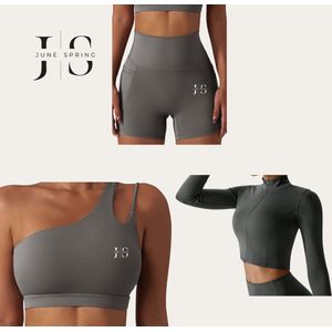 Complete Set: Legging kort, Sport Top & Sport BH - June Spring - Maat: M - Kleur: Grijs - Fitness Outfit - Gym Kleding Vrouw - Korte Legging, Sport Top & Sportbeha - Hoge Kwaliteit - Met Telefoonzakken - Luxe Sport Set