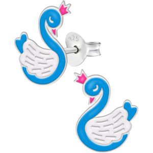 Oorbellen meisje | Zilveren kinderoorbellen | Zilveren oorstekers, blauwe zwaan met roze kroontje