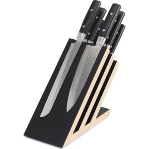 Yaxell Zen Messenset - 7-delig - Magnetisch Beukenhouten Messenblok met 6 Messen - 37 Lagen Damaststaal - Canvas-Micarta Heft