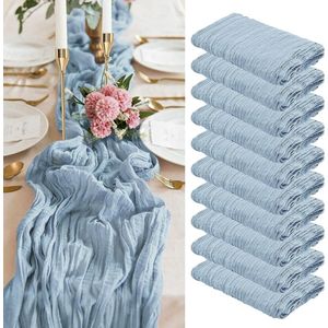 Set van 10 stofblauwe tafellopers, 3 m gaas-tafellopers, kaasdoekstof, halfdoorzichtige tafelloper voor bruiloftsreceptie, rustieke boho-bruiloftsfeestdecoratie