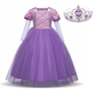 Prinsessen jurk verkleedjurk Luxe 128 -134 (140) paars + kroon verkleedkleding