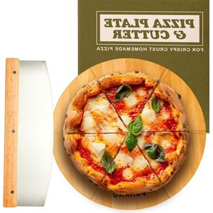 Pizzabord 30 cm Hout met Snijder - Roestvrijstalen Pizzames met Scherp Lemmet & Houten Handvat - Bord met Voorgefreesde Groeven.