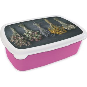 Broodtrommel Roze - Lunchbox - Brooddoos - Droogbloemen - Bloemen - Boeket - Stilleven - Touw - Bundel - 18x12x6 cm - Kinderen - Meisje