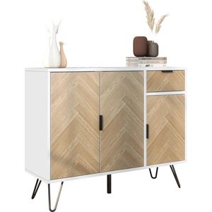 Brondeals® - dressoir kast - vissengraat - 90X72X30 - wit met hout - gestructureerd commode - hoge kwaliteit - opbergkast - luxe design