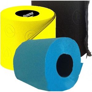 3x Gekleurd toiletpapier rollen 140 vellen - Turquoise/zwart/geel thema feestartikelen decoratie - WC-papier/pleepapier