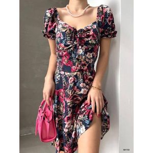 Jurk met U hals zomerjurk | Donkerblauw met bloemen print