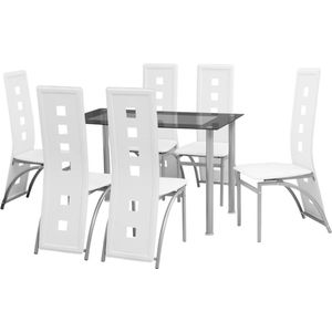 The Living Store Dinerset - Stalen Frame - Gehard Glas - Wit - 120x70x75 cm - 6 stoelen