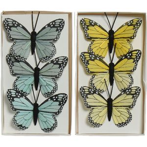 Decoratie vlinders op draad - 6x stuks - blauw - geel - 6 cm