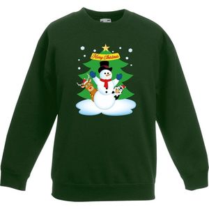 Groene kersttrui met een sneeuwpop en zijn dieren vriendjes voor jongens en meisjes - Kerstruien kind 122/128