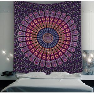 Wandkleed - paars/roze/geel - Mandala muurkleed - wand decoratie - duurzaam katoen - 220x210