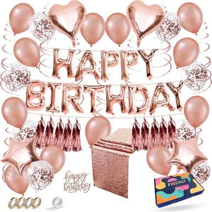 Fissaly 45 Stuks Rose Goud Verjaardag Decoratie Versiering met Ballonnen – Feest - Papieren Confetti – Roze – Helium