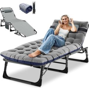 Opvouwbare Lounger met Verstelbare Rugleuning, Draagbaar Opklapbed met Matras, Zijzakken en Hoofdsteun, Maximaal 200 kg Belastbaar - Grijs