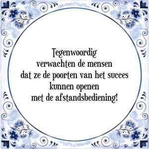 Tegeltje met Spreuk (Tegeltjeswijsheid): Tegenwoordig verwachten de mensen dat ze de poorten van het succes kunnen openen met de afstandsbediening! + Kado verpakking & Plakhanger