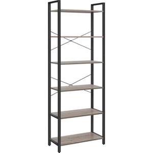 Boekenkast 6 niveaus, staand rek met stalen frame, vrijstaand rek voor woonkamer, slaapkamer, werkkamer, 30 x 66 x 186 cm, industrieel design, Greige-zwart