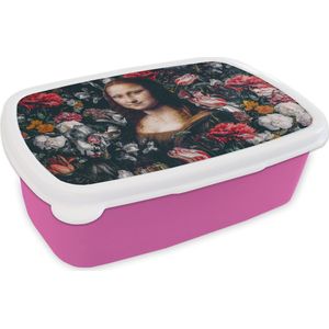 Broodtrommel Roze - Lunchbox - Brooddoos - Mona Lisa - Da Vinci - Bloemen - Schilderij - 18x12x6 cm - Kinderen - Meisje